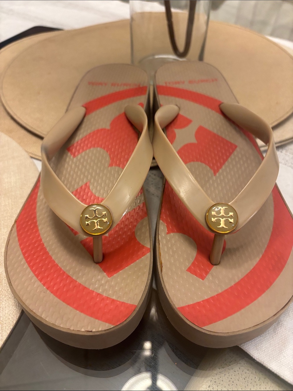 Tory Burch Beige and Coral Logo Flip Flop Sandals
